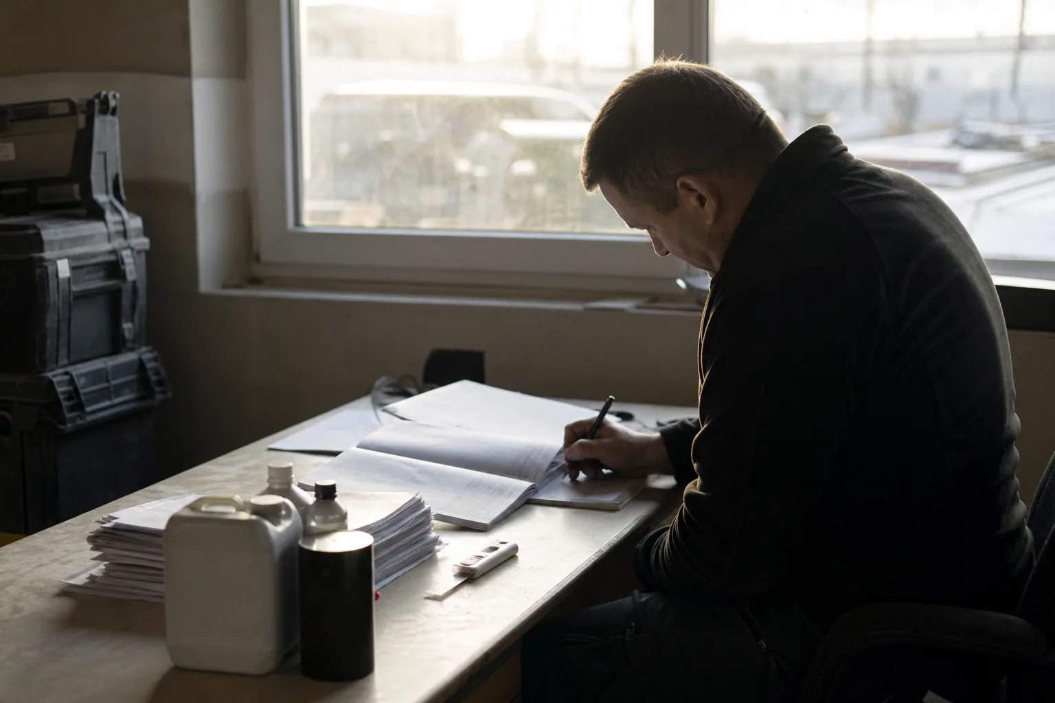 Bauleiter plant Gefahrstofftermine in einem Kalender neben Sicherheitsdatenblättern