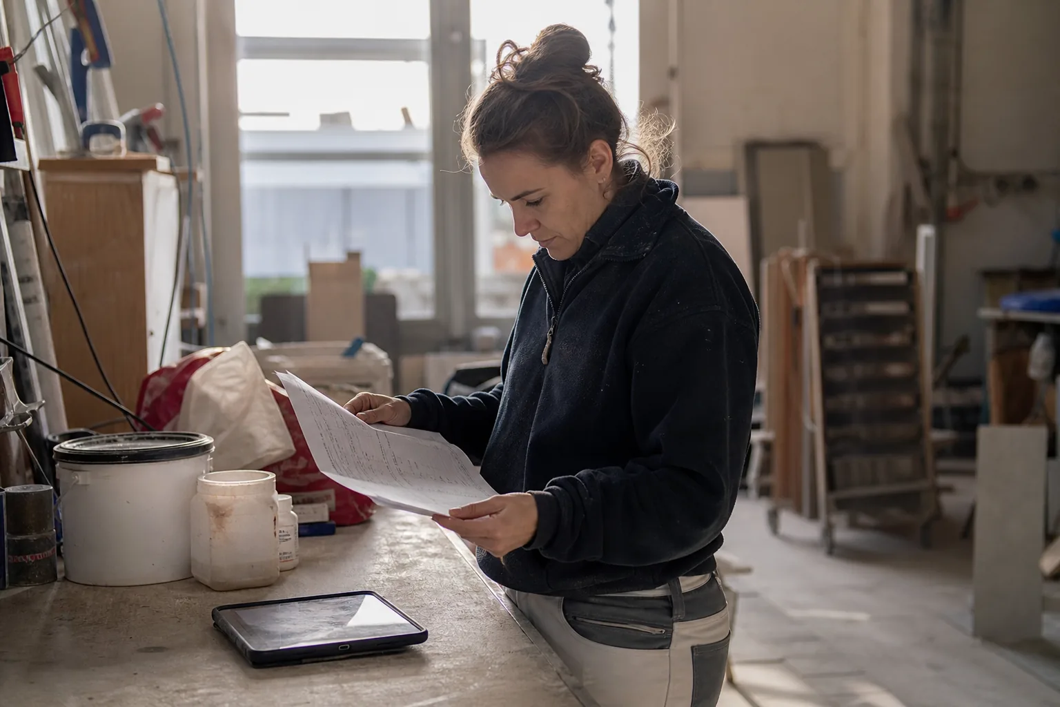 Trockenbauerin arbeitet mit Sicherheitsdatenblättern und Produktgebinden an einem Werkstatttisch